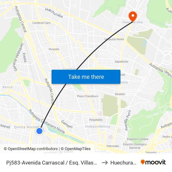 Pj583-Avenida Carrascal / Esq. Villasana to Huechuraba map
