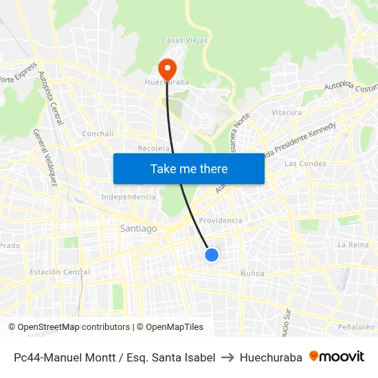 Pc44-Manuel Montt / Esq. Santa Isabel to Huechuraba map