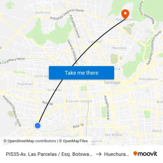 Pi535-Av. Las Parcelas / Esq. Botswana to Huechuraba map