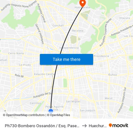 Ph730-Bombero Ossandón / Esq. Paseo Grohnert to Huechuraba map