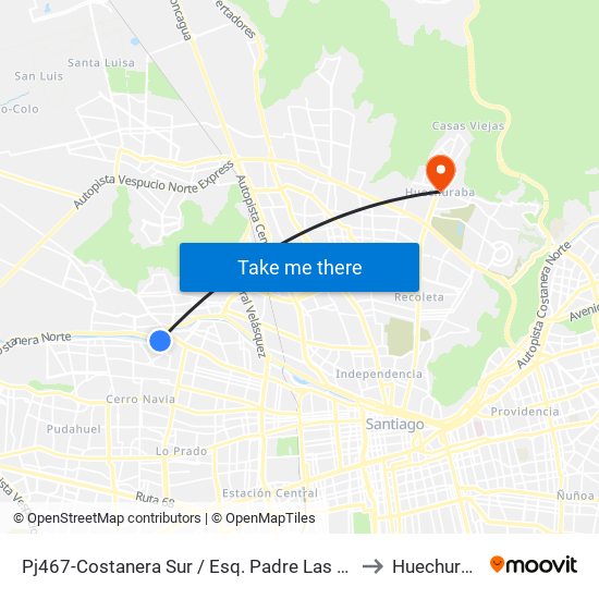 Pj467-Costanera Sur / Esq. Padre Las Casas to Huechuraba map