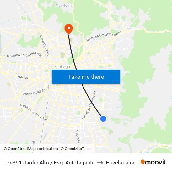 Pe391-Jardín Alto / Esq. Antofagasta to Huechuraba map