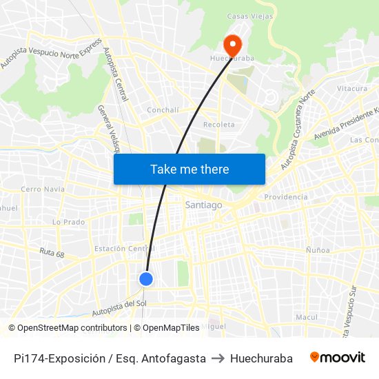Pi174-Exposición / Esq. Antofagasta to Huechuraba map