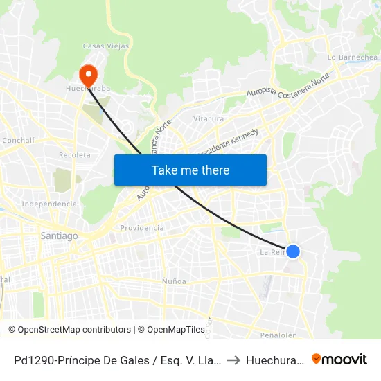 Pd1290-Príncipe De Gales / Esq. V. Llanos to Huechuraba map