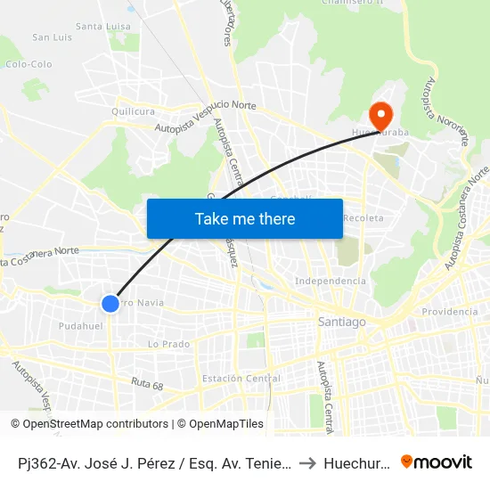 Pj362-Av. José J. Pérez / Esq. Av. Teniente Cruz to Huechuraba map