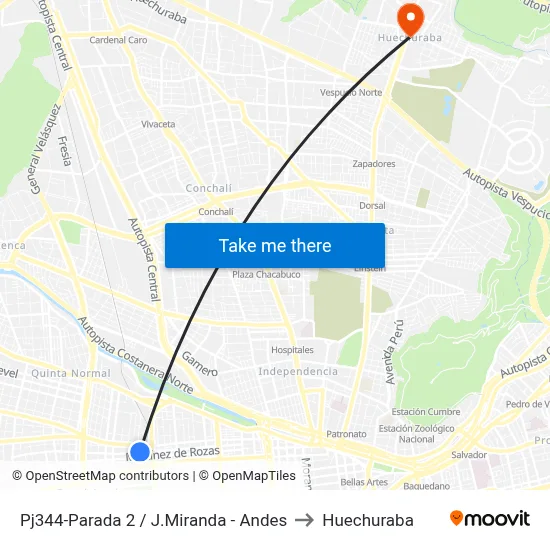 Pj344-Parada 2 / J.Miranda - Andes to Huechuraba map