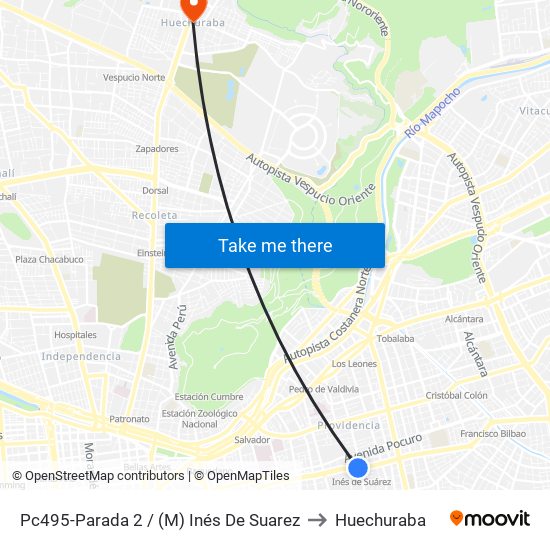 Pc495-Parada 2 / (M) Inés De Suarez to Huechuraba map