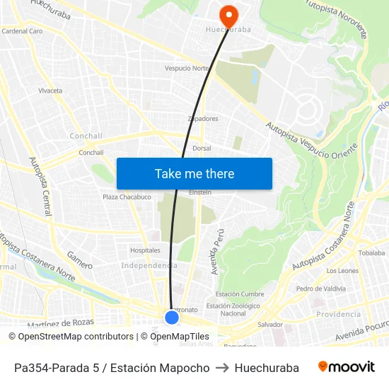 Pa354-Parada 5 / Estación Mapocho to Huechuraba map