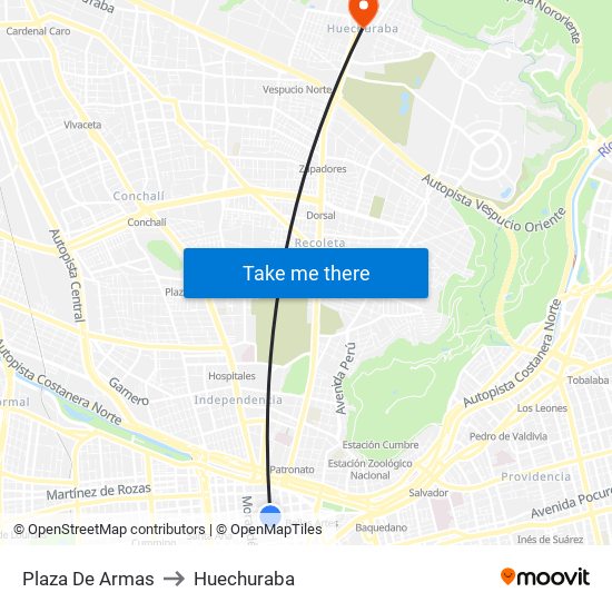 Plaza De Armas to Huechuraba map