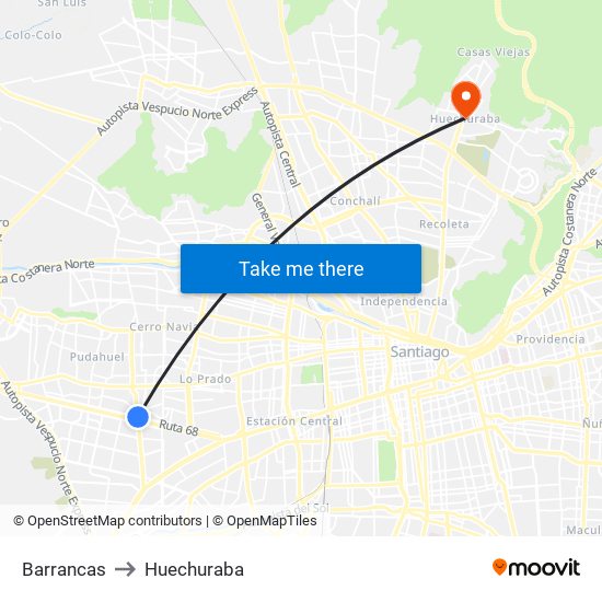 Barrancas to Huechuraba map