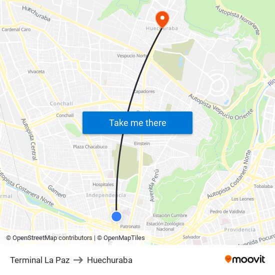 Terminal La Paz to Huechuraba map