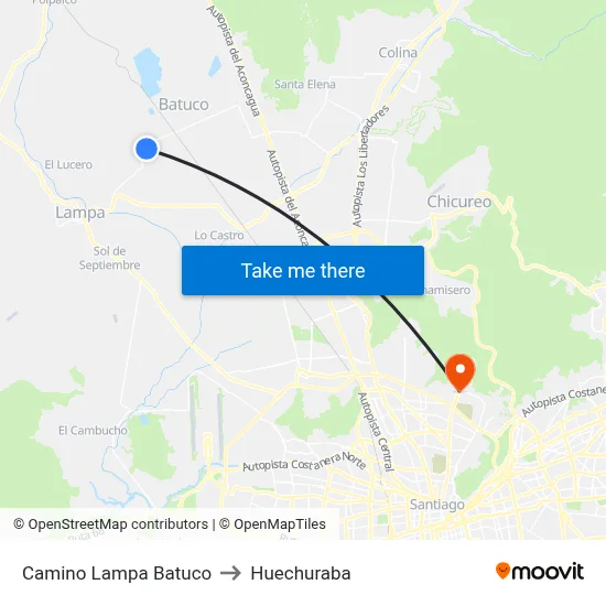 Camino Lampa Batuco to Huechuraba map