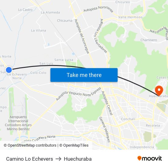 Camino Lo Echevers to Huechuraba map