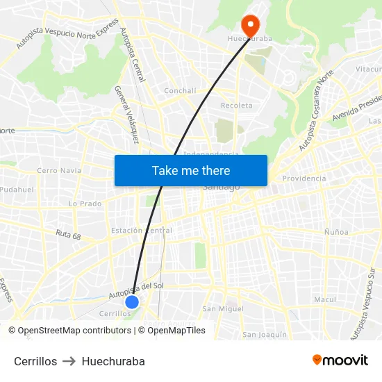 Cerrillos to Huechuraba map