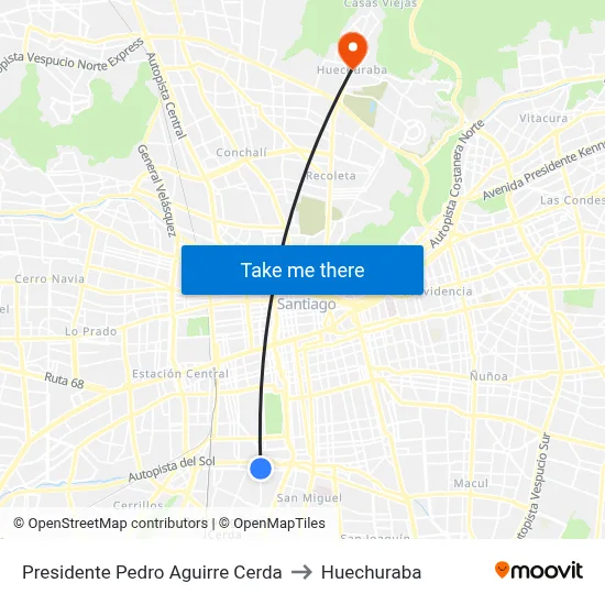 Presidente Pedro Aguirre Cerda to Huechuraba map
