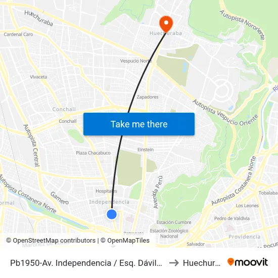 Pb1950-Av. Independencia / Esq. Dávila Baeza to Huechuraba map