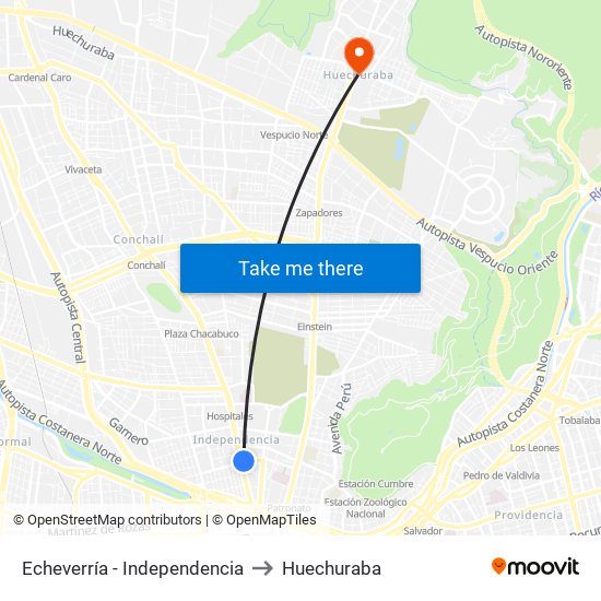 Echeverría - Independencia to Huechuraba map