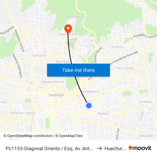 Pc1153-Diagonal Oriente / Esq. Av. Antonio Varas to Huechuraba map