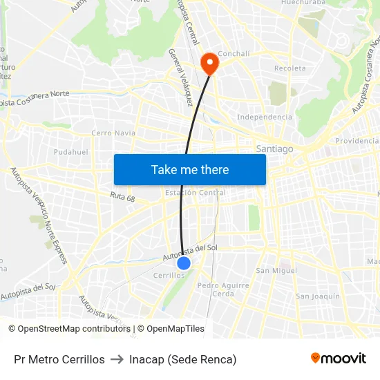 Pr Metro Cerrillos to Inacap (Sede Renca) map