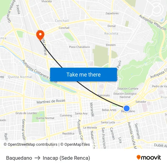 Baquedano to Inacap (Sede Renca) map