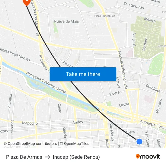 Plaza De Armas to Inacap (Sede Renca) map