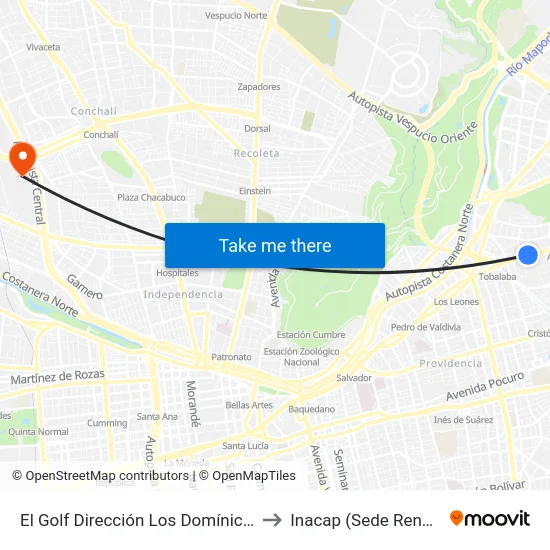 El Golf Dirección Los Domínicos to Inacap (Sede Renca) map