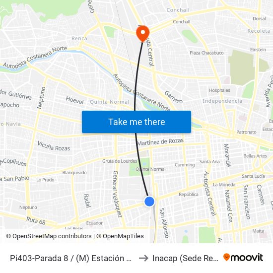 Pi403-Parada 8 / (M) Estación Central to Inacap (Sede Renca) map