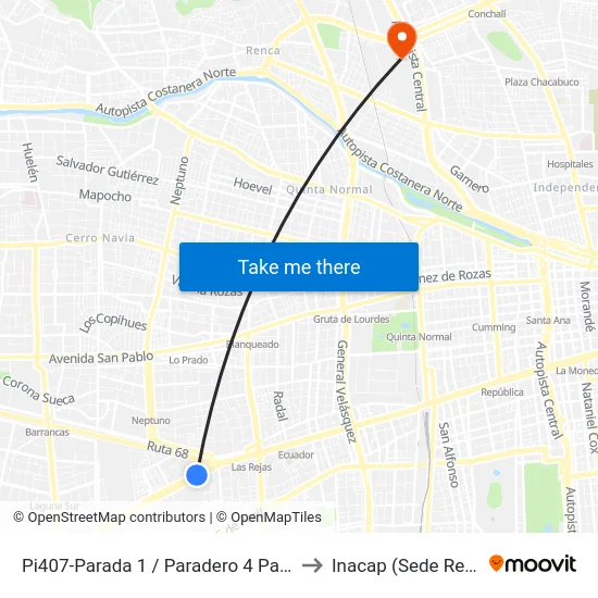 Pi407-Parada 1 / Paradero 4 Pajaritos to Inacap (Sede Renca) map