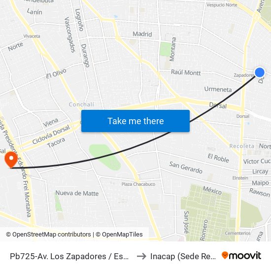 Pb725-Av. Los Zapadores / Esq. Dora to Inacap (Sede Renca) map