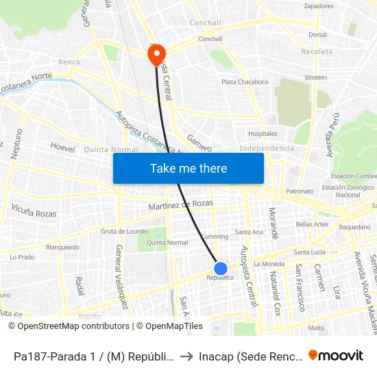 Pa187-Parada 1 / (M) República to Inacap (Sede Renca) map