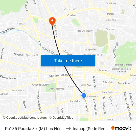 Pa185-Parada 3 / (M) Los Héroes to Inacap (Sede Renca) map