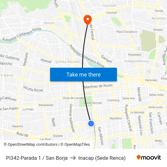 Pi342-Parada 1 / San Borja to Inacap (Sede Renca) map