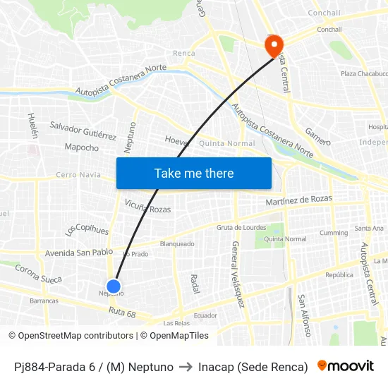 Pj884-Parada 6 / (M) Neptuno to Inacap (Sede Renca) map