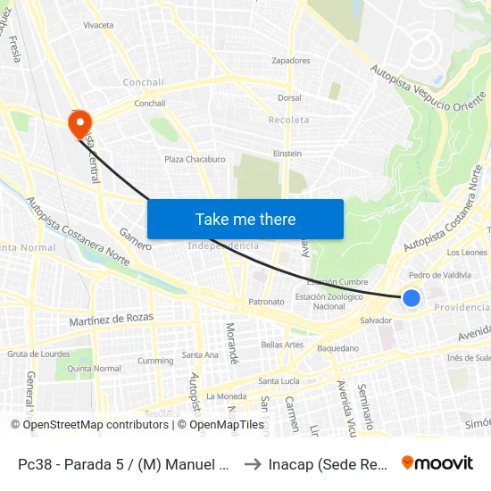 Pc38 - Parada 5 / (M) Manuel Montt to Inacap (Sede Renca) map