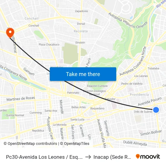 Pc30-Avenida Los Leones / Esq. Bustos to Inacap (Sede Renca) map