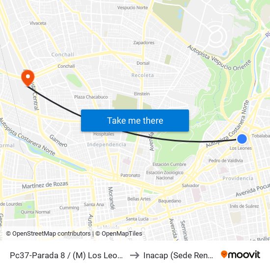 Pc37-Parada 8 / (M) Los Leones to Inacap (Sede Renca) map