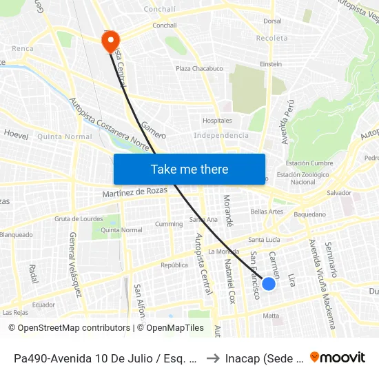 Pa490-Avenida 10 De Julio / Esq. Av. Santa Rosa to Inacap (Sede Renca) map