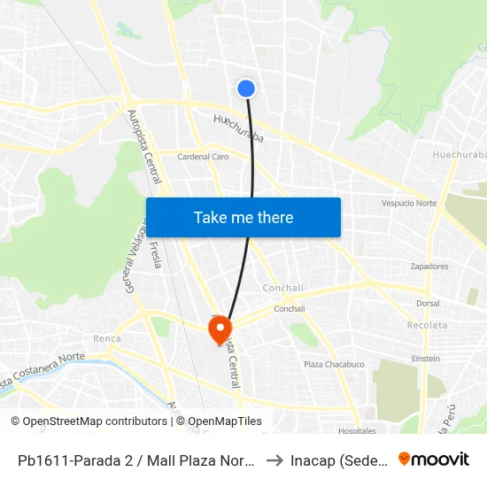 Pb1611-Parada 2 / Mall Plaza Norte - Santa Elena to Inacap (Sede Renca) map