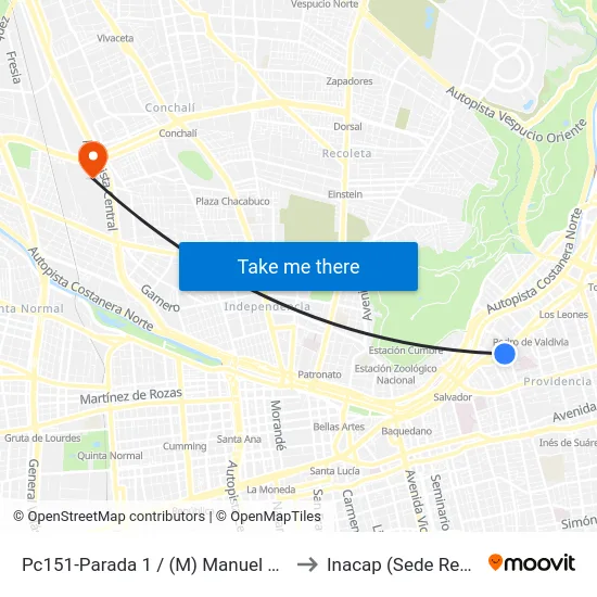 Pc151-Parada 1 / (M) Manuel Montt to Inacap (Sede Renca) map