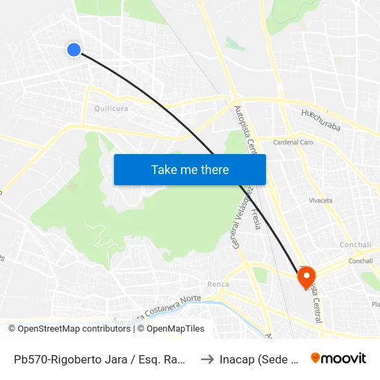 Pb570-Rigoberto Jara / Esq. Ramón Salinas to Inacap (Sede Renca) map