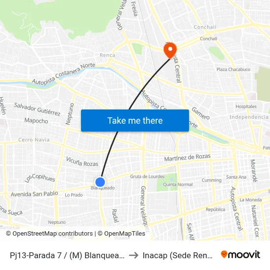 Pj13-Parada 7 / (M) Blanqueado to Inacap (Sede Renca) map