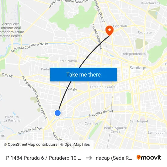 Pi1484-Parada 6 / Paradero 10 Pajaritos to Inacap (Sede Renca) map
