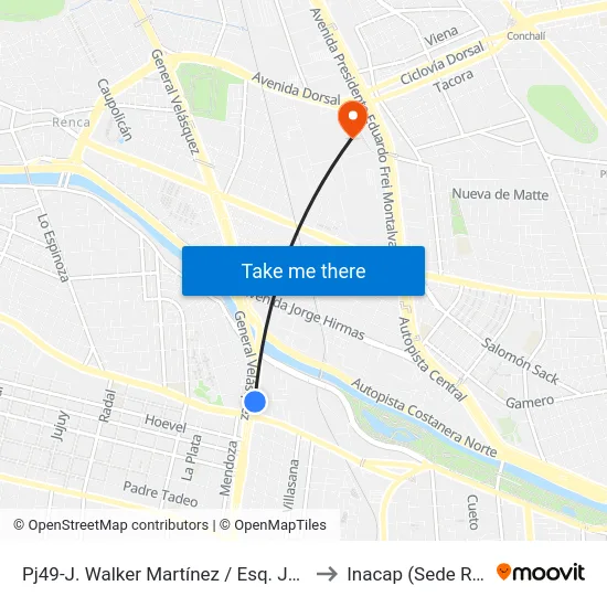 Pj49-J. Walker Martínez / Esq. Julio Verne to Inacap (Sede Renca) map