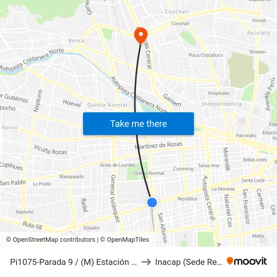 Pi1075-Parada 9 / (M) Estación Central to Inacap (Sede Renca) map