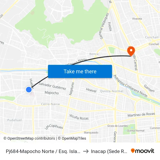 Pj684-Mapocho Norte / Esq. Islas Azores to Inacap (Sede Renca) map