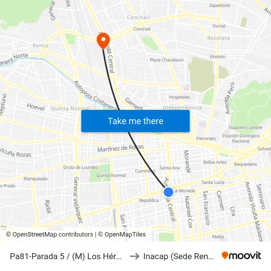 Pa81-Parada 5 / (M) Los Héroes to Inacap (Sede Renca) map