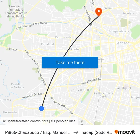 Pi866-Chacabuco / Esq. Manuel Rodríguez to Inacap (Sede Renca) map