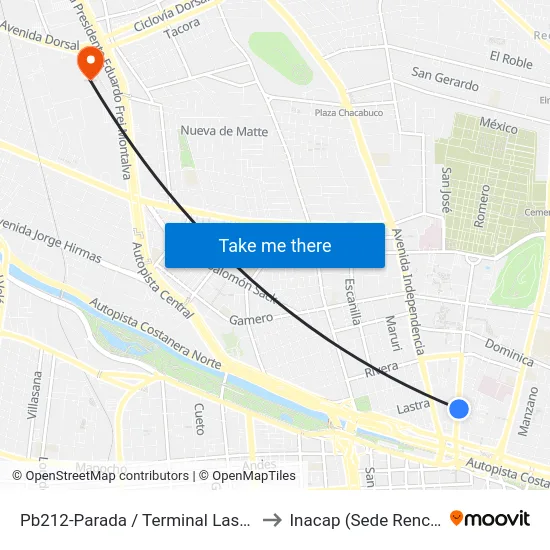 Pb212-Parada / Terminal Lastra to Inacap (Sede Renca) map