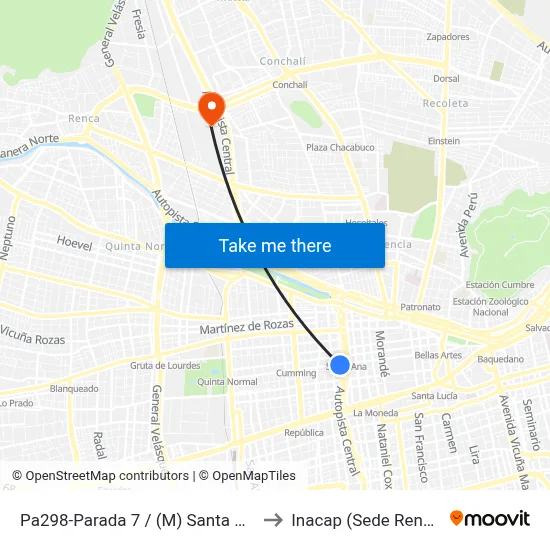Pa298-Parada 7 / (M) Santa Ana to Inacap (Sede Renca) map