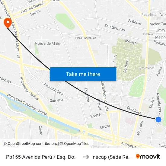 Pb155-Avenida Perú / Esq. Dominica to Inacap (Sede Renca) map
